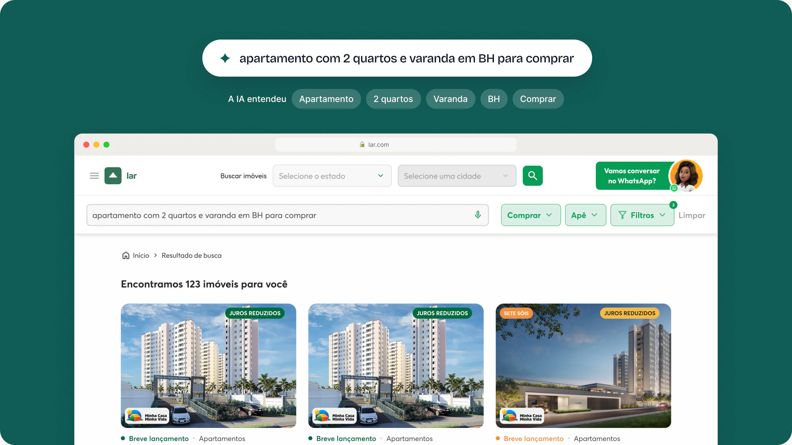 Busca com IA no site da incorporadora: a pessoa digita 'apartamento com 2 quartos e varanda em BH para comprar' e a IA mostra o que entendeu em tags editáveis acima dos resultados.