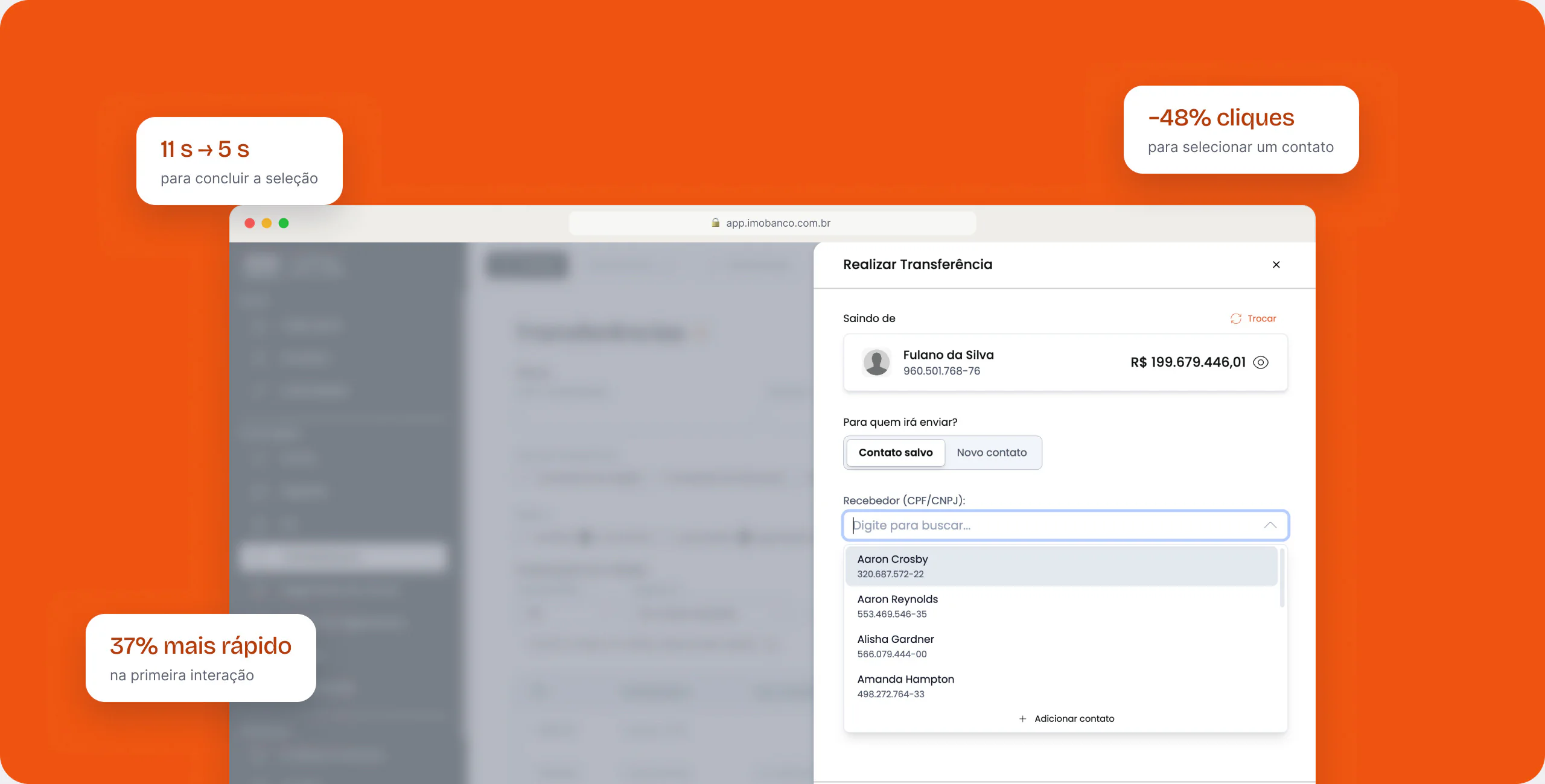 New contact selector on Imobanco's Make a Transfer screen, with the highlights: −48% clicks to select a contact, from 11 s to 5 s to complete the selection and 37% faster on the first interaction.