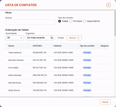Recording of the old 'Contact list' modal, with filters, a duplicate search and a table that scrolls in both directions.