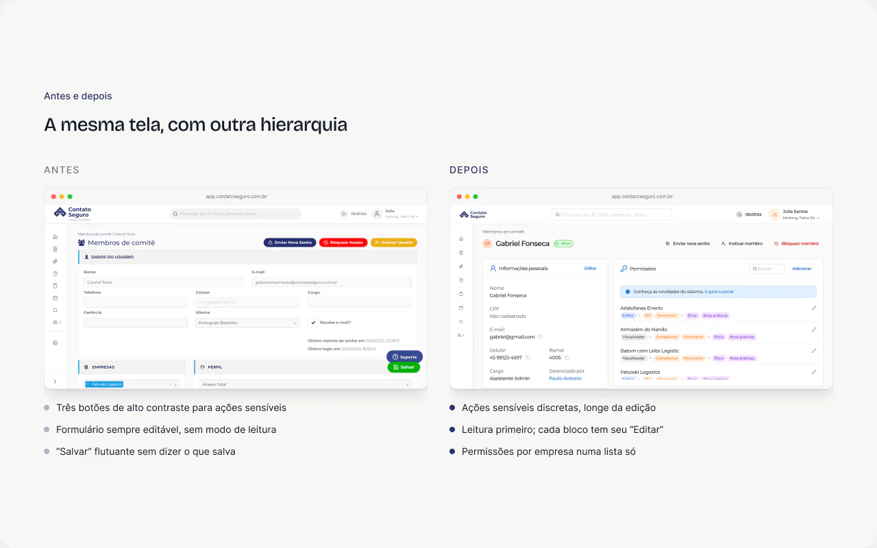 Antes e depois: A mesma tela, com outra hierarquia.