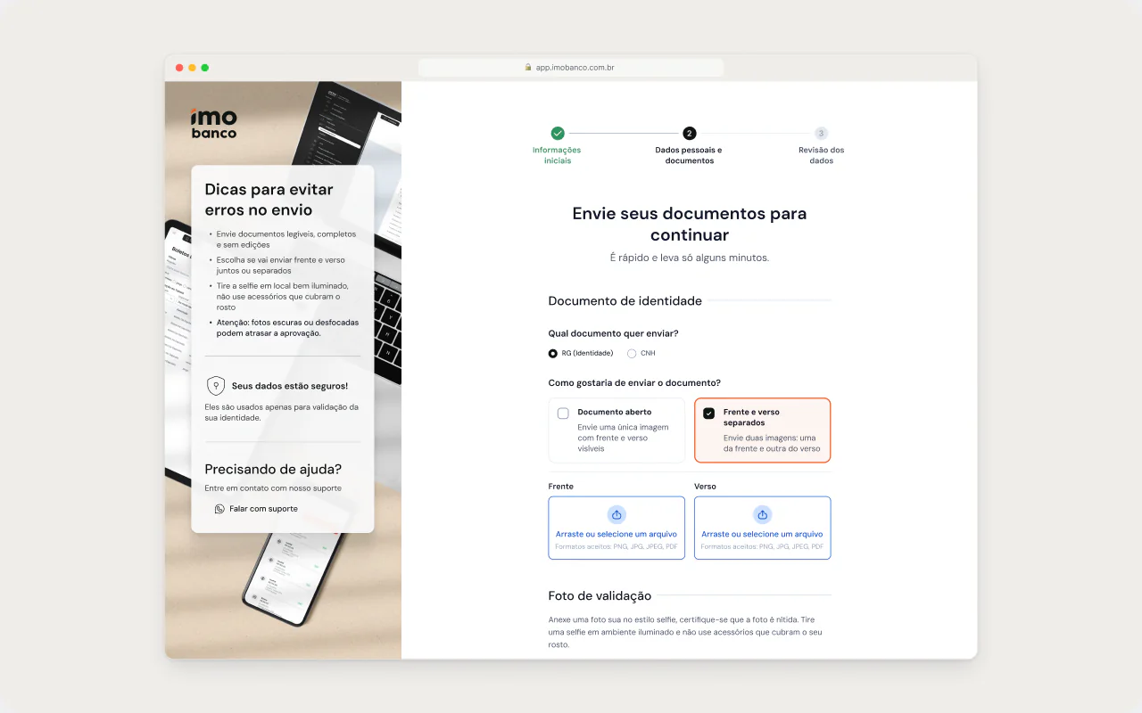 Documentos: Frente e verso separados, sem adivinhação.